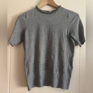 White House Black Market Women’s Gray short Sleeve gray Sweater Jeweled Collar|